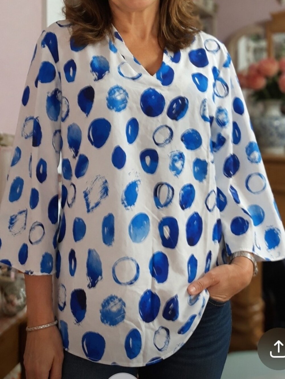 5/$25 Women’s White Blouse with Blue Dot Print - V-Neck Sleeve Top